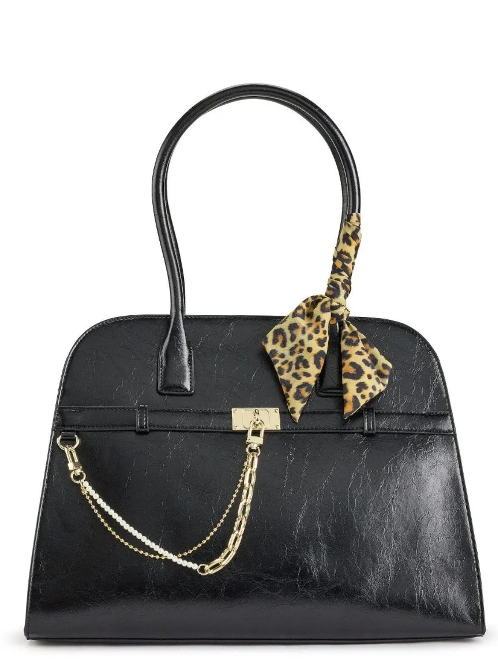 Black Madden Girl Satchel Bag With Leopard Scarf Accent